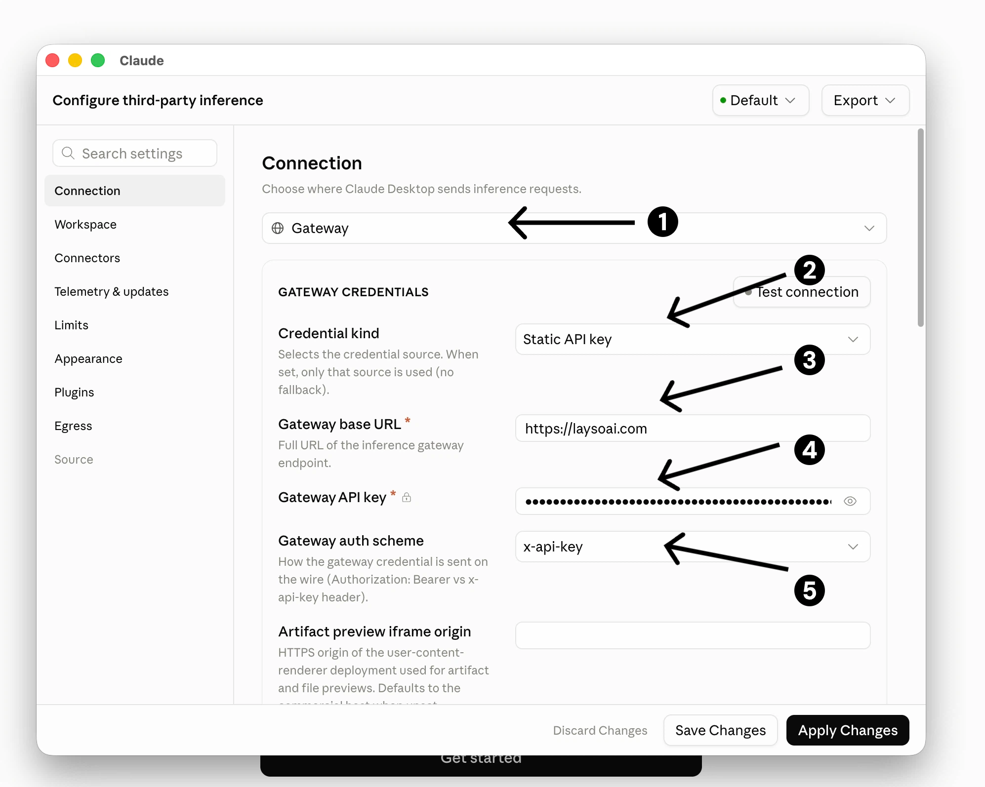 Select Gateway, enter LAYSO AI credentials, and apply