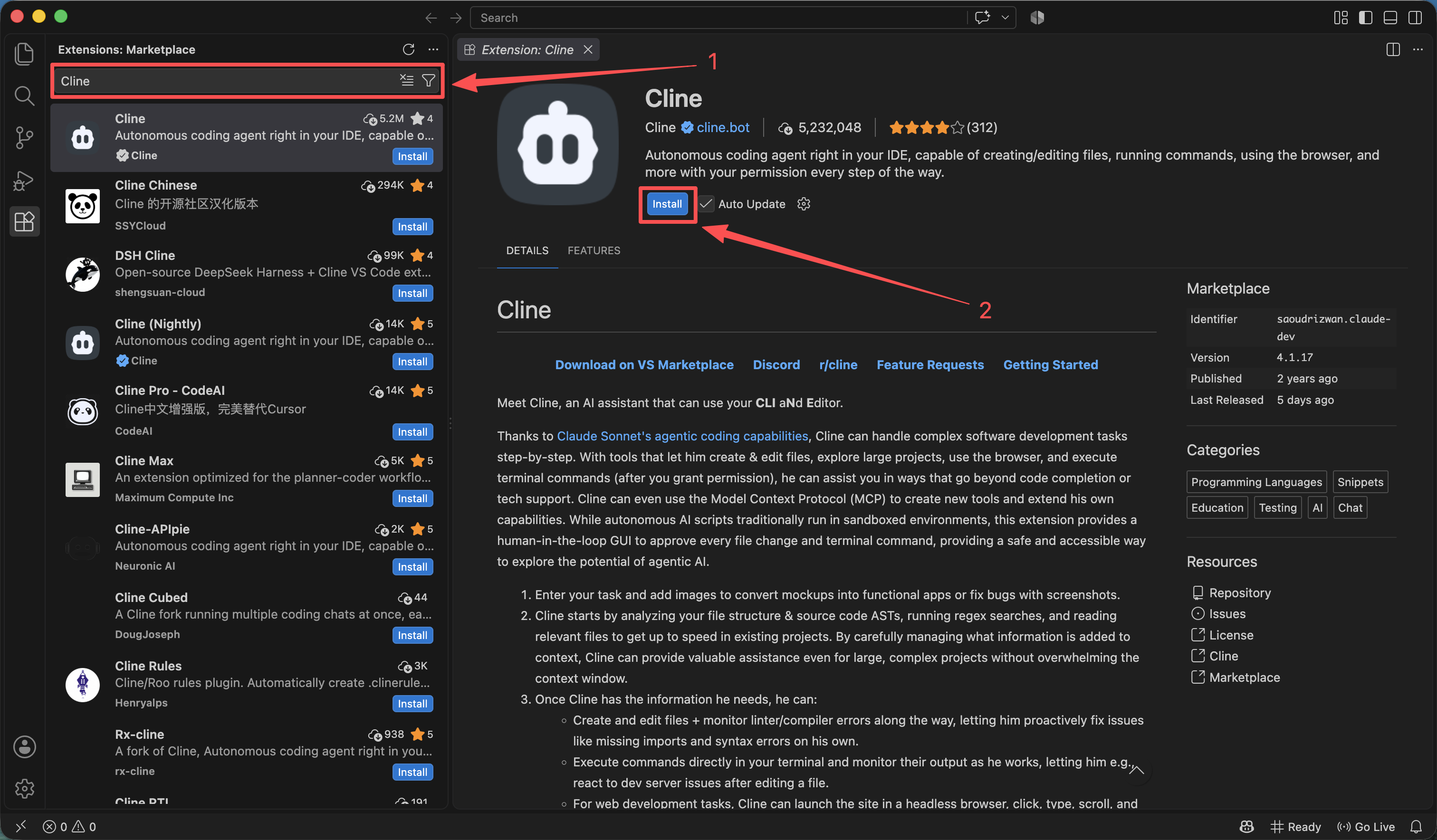 Find and install Cline from the VS Code Extensions view