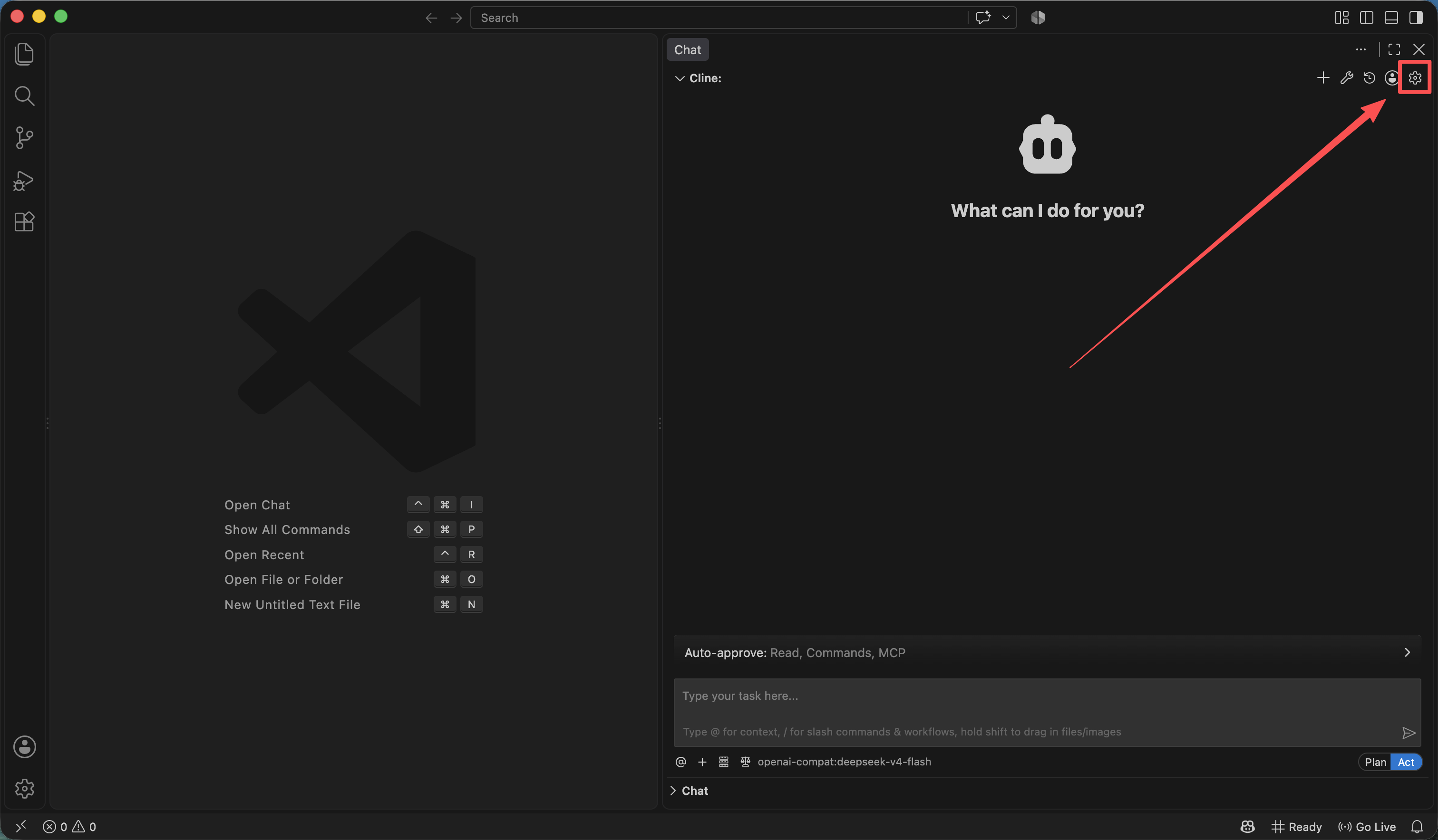 Select the gear icon in the Cline panel to open settings