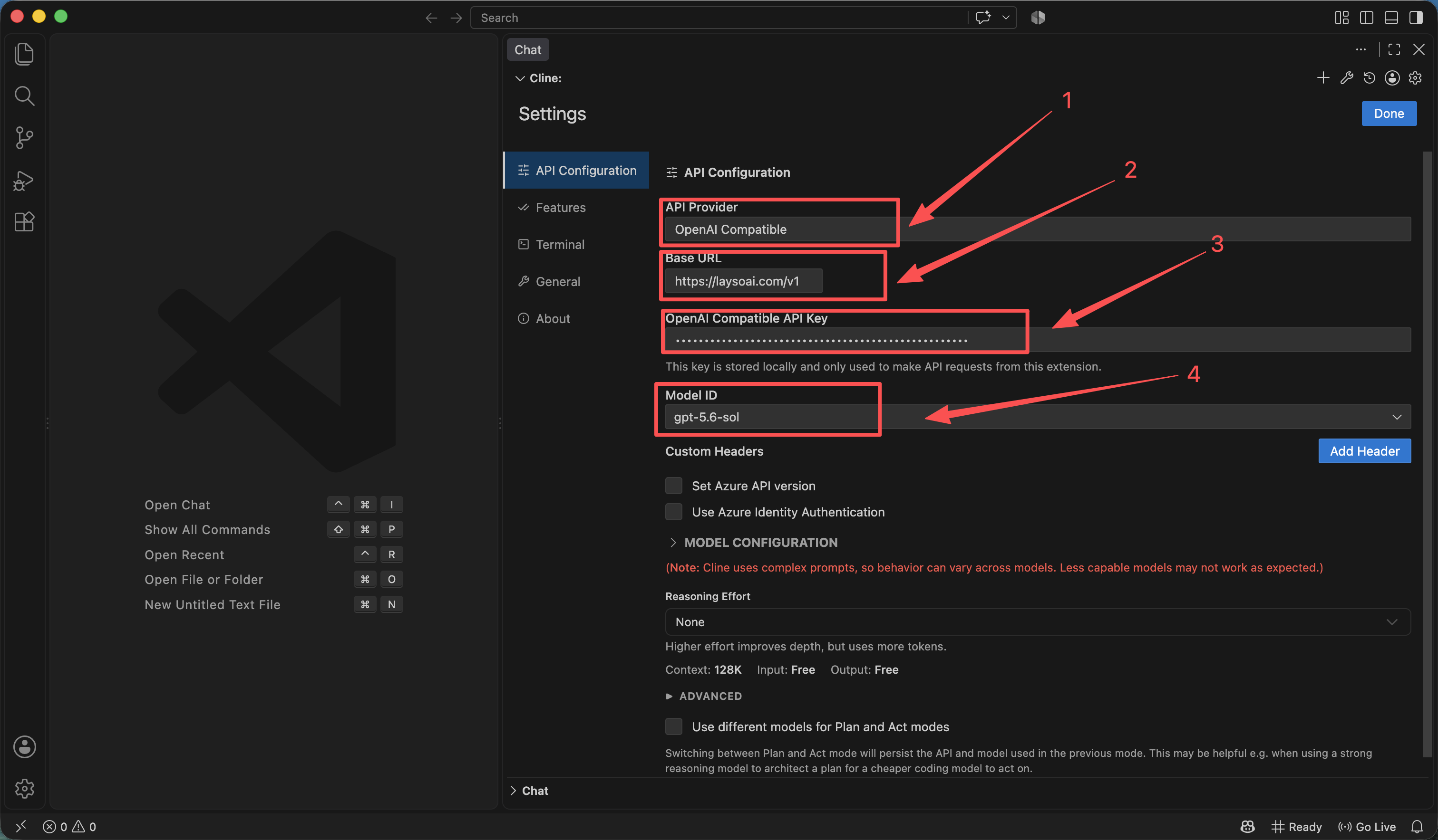 Enter OpenAI Compatible, Base URL, API key, and model ID in Cline API Configuration