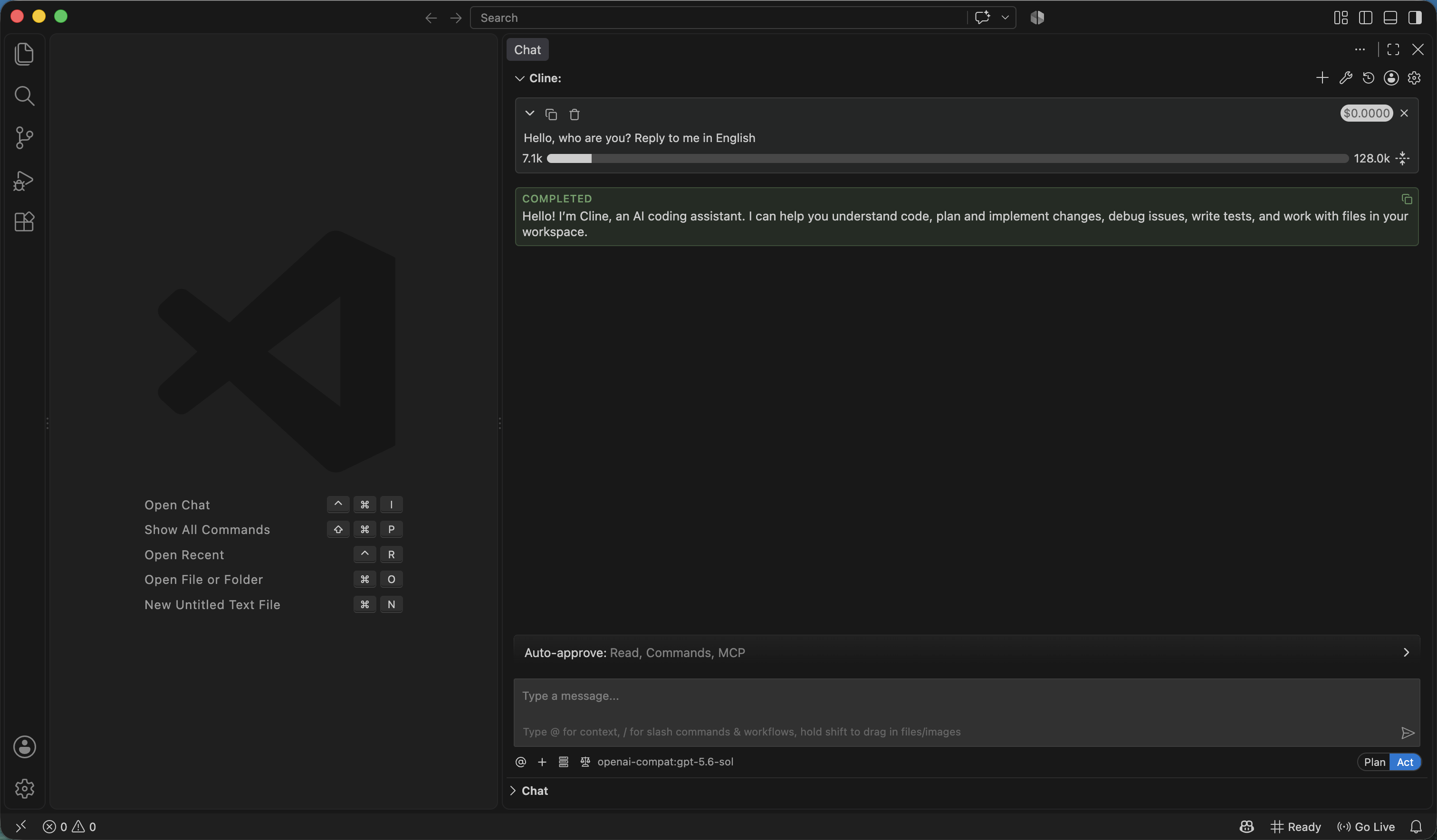 Send a message with a LAYSO AI model in Cline and receive a completed response