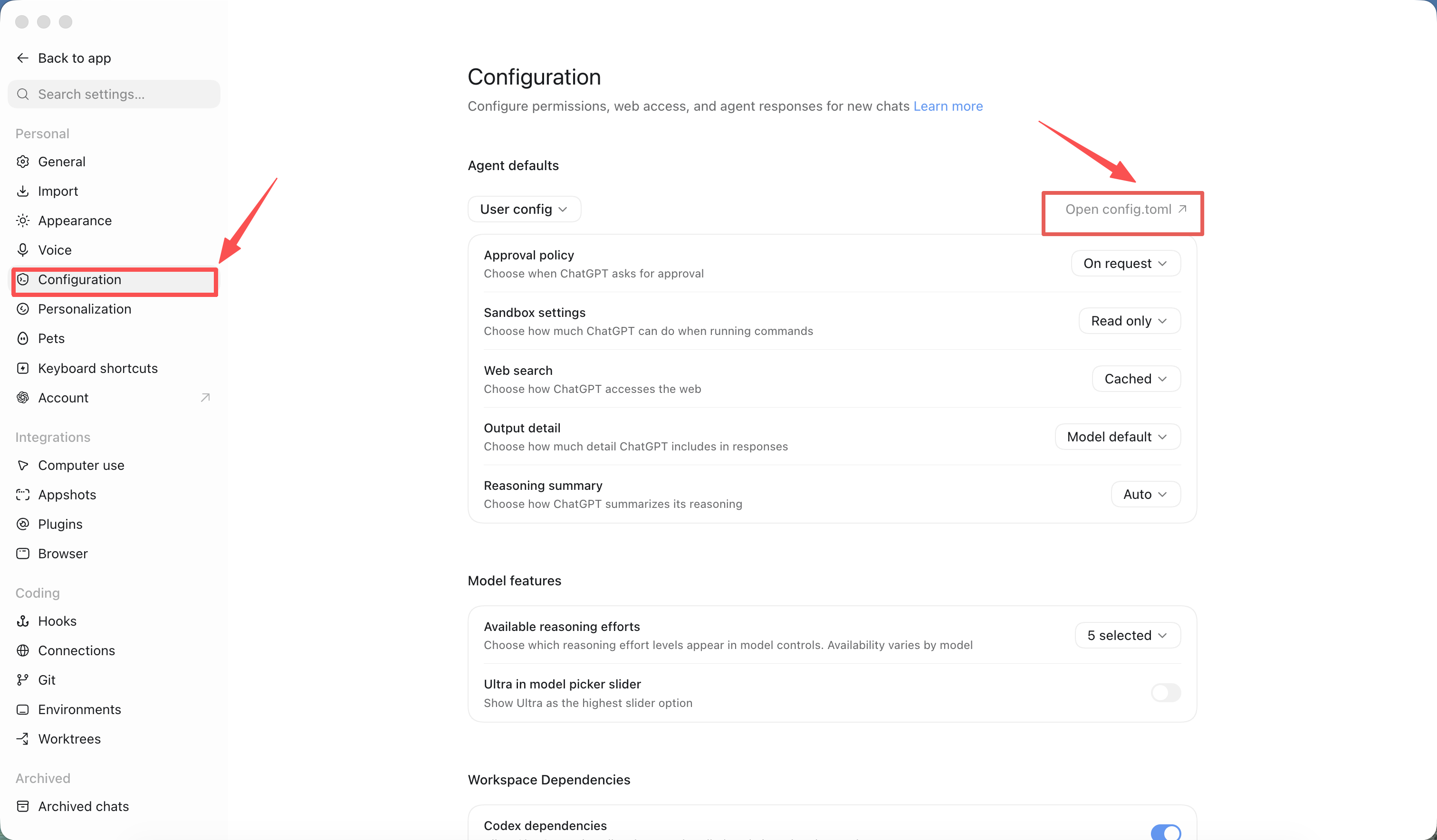 在 Codex 桌面版 Configuration 设置中打开 config.toml