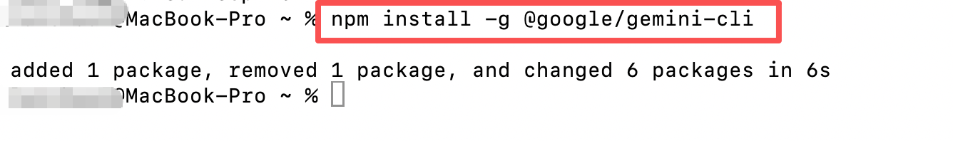 Install Gemini CLI globally with npm and see the successful installation summary