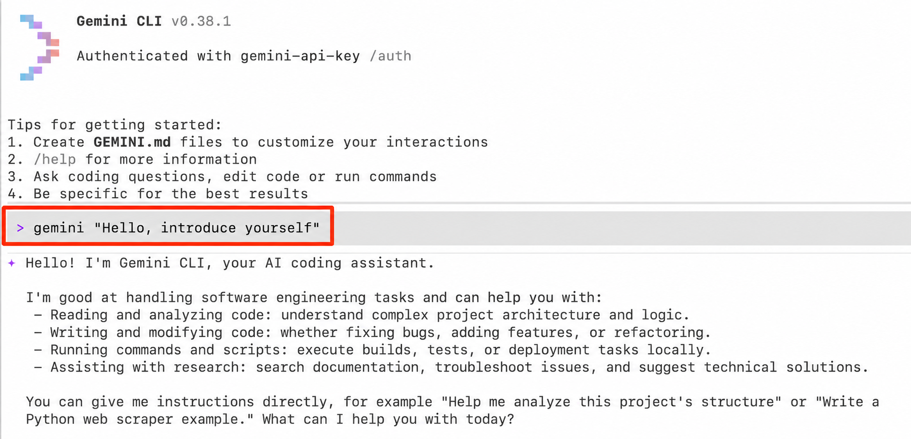 Gemini CLI authenticates with an API key and returns the first test response