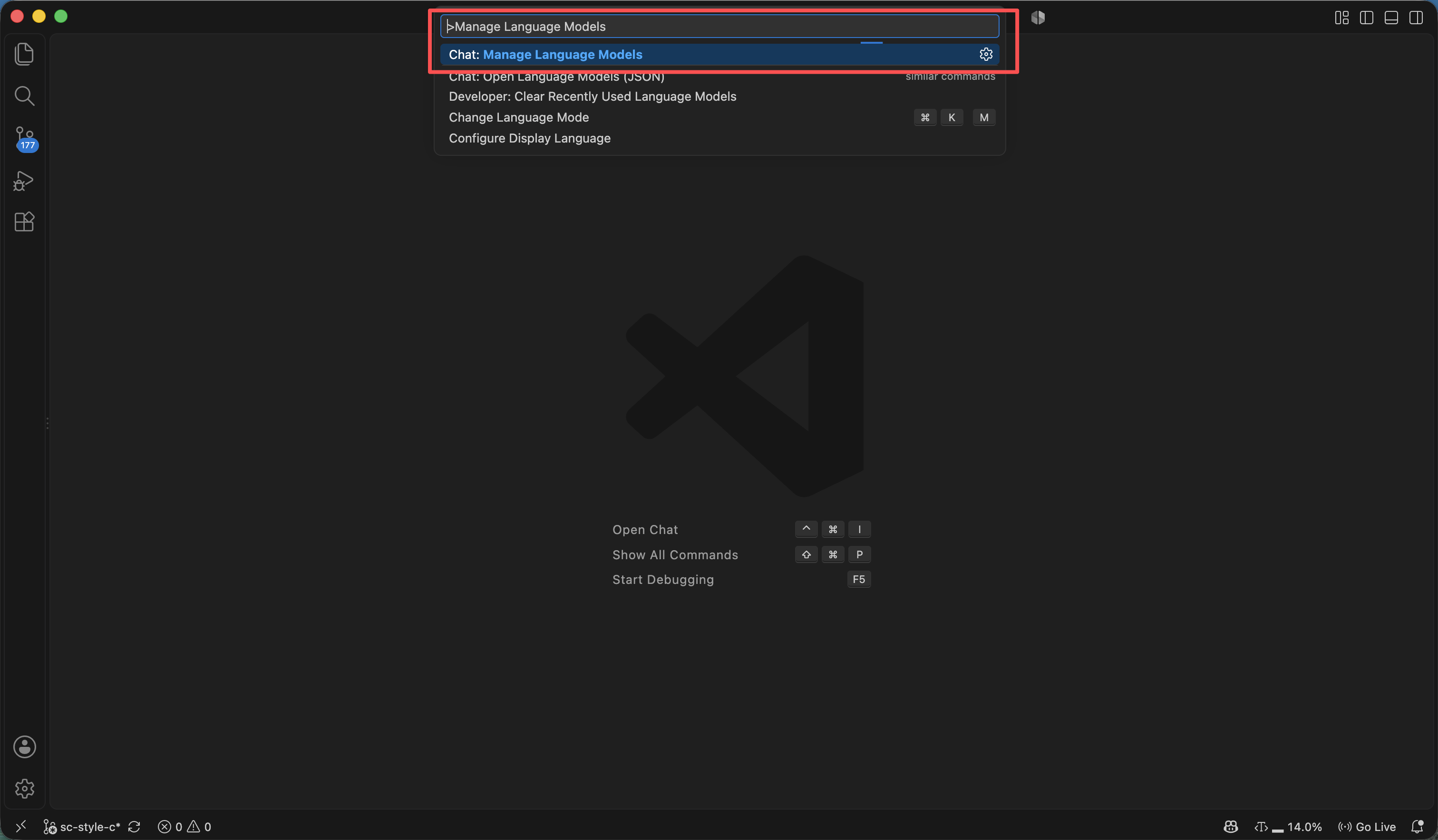 Open Chat: Manage Language Models from the VS Code Command Palette after installing the extension