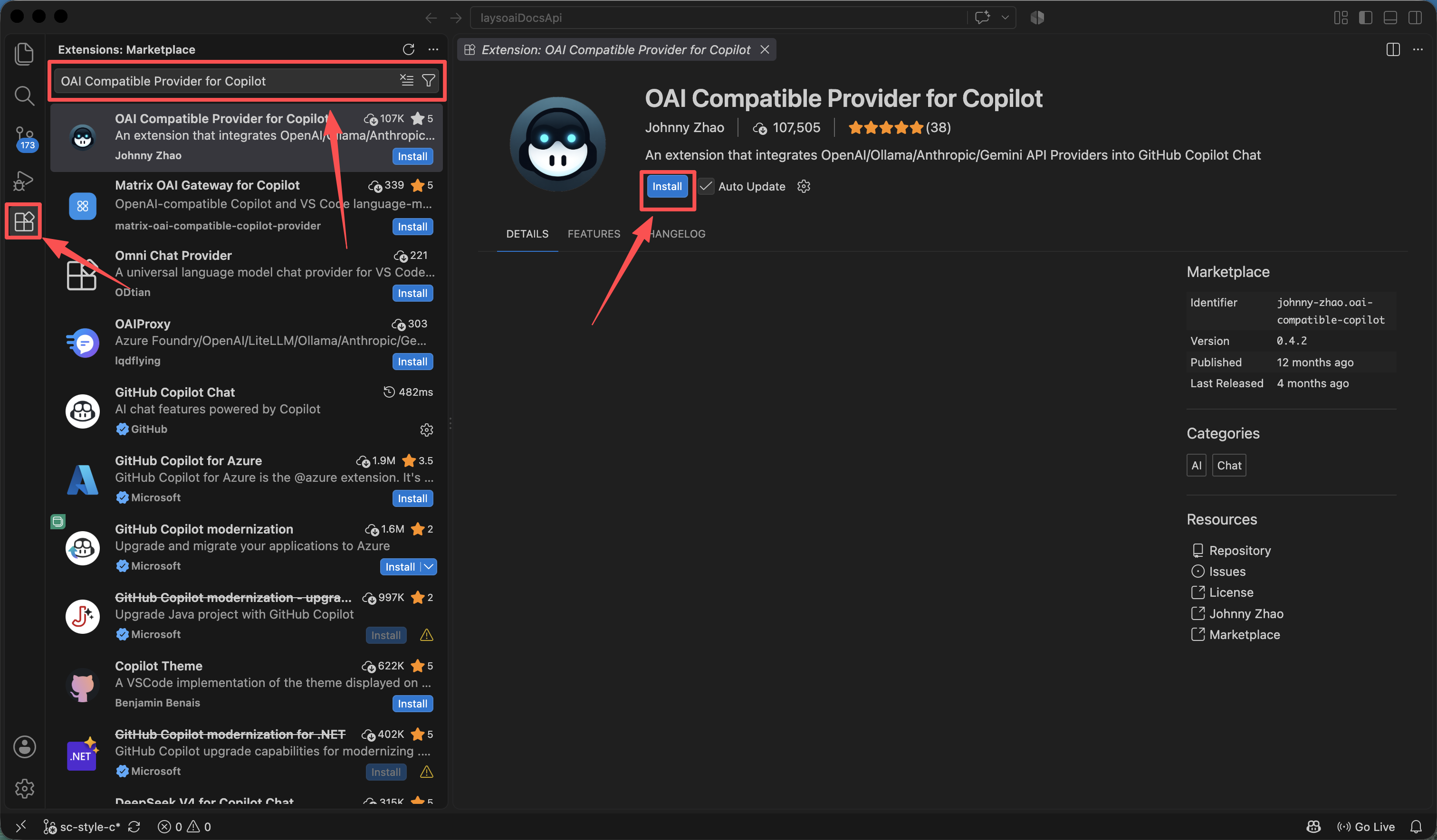 Find and install OAI Compatible Provider for Copilot in VS Code