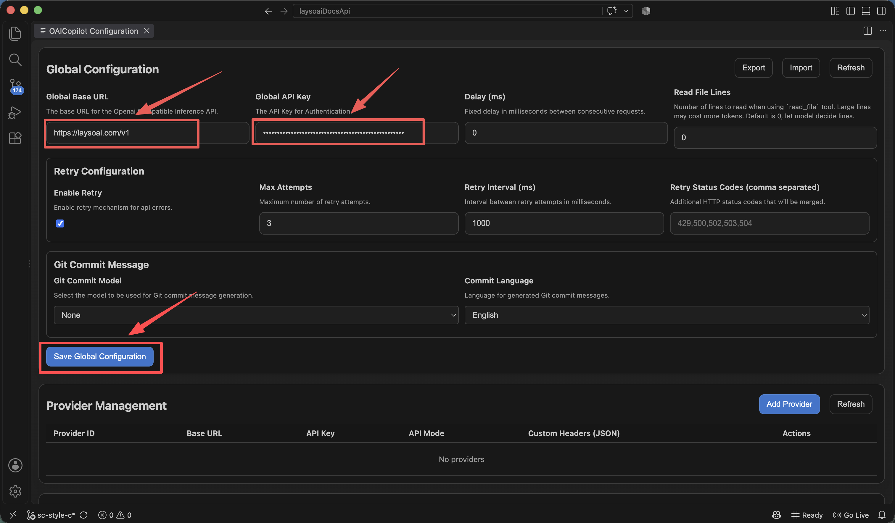 Enter the LAYSO AI global connection settings, save them, and add a provider