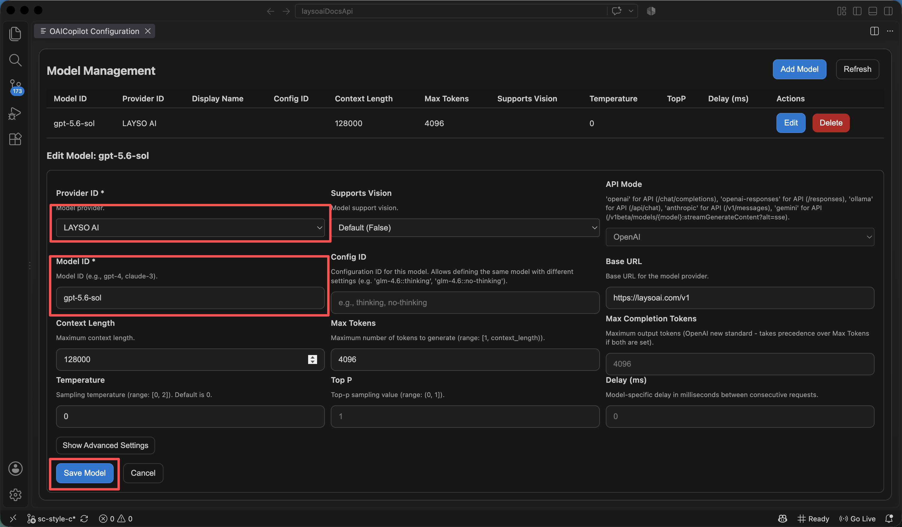 Select the LAYSO AI provider, enter the model ID and model parameters, and save the model