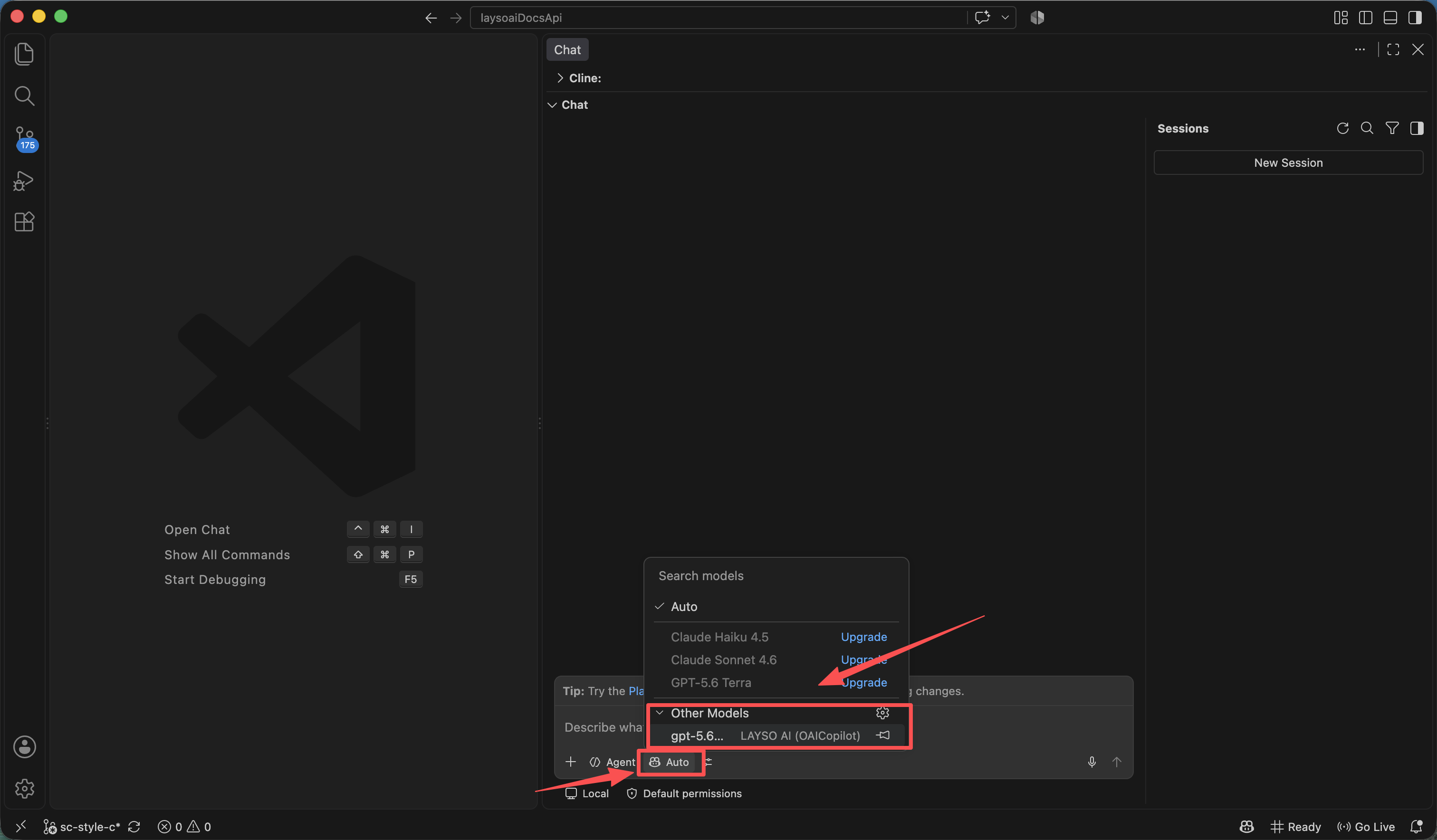 Select the LAYSO AI OAICopilot model under Other Models in VS Code Chat