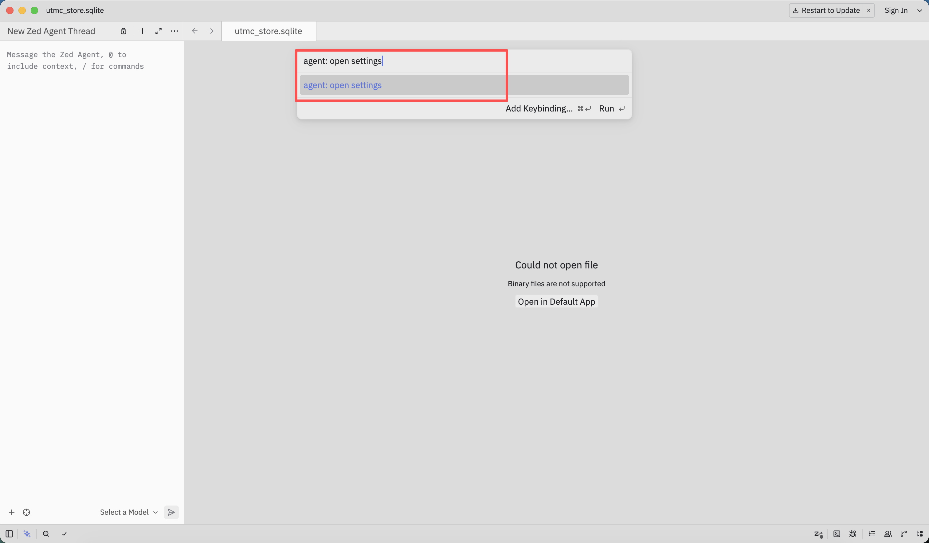 Open Agent settings from the Zed command palette