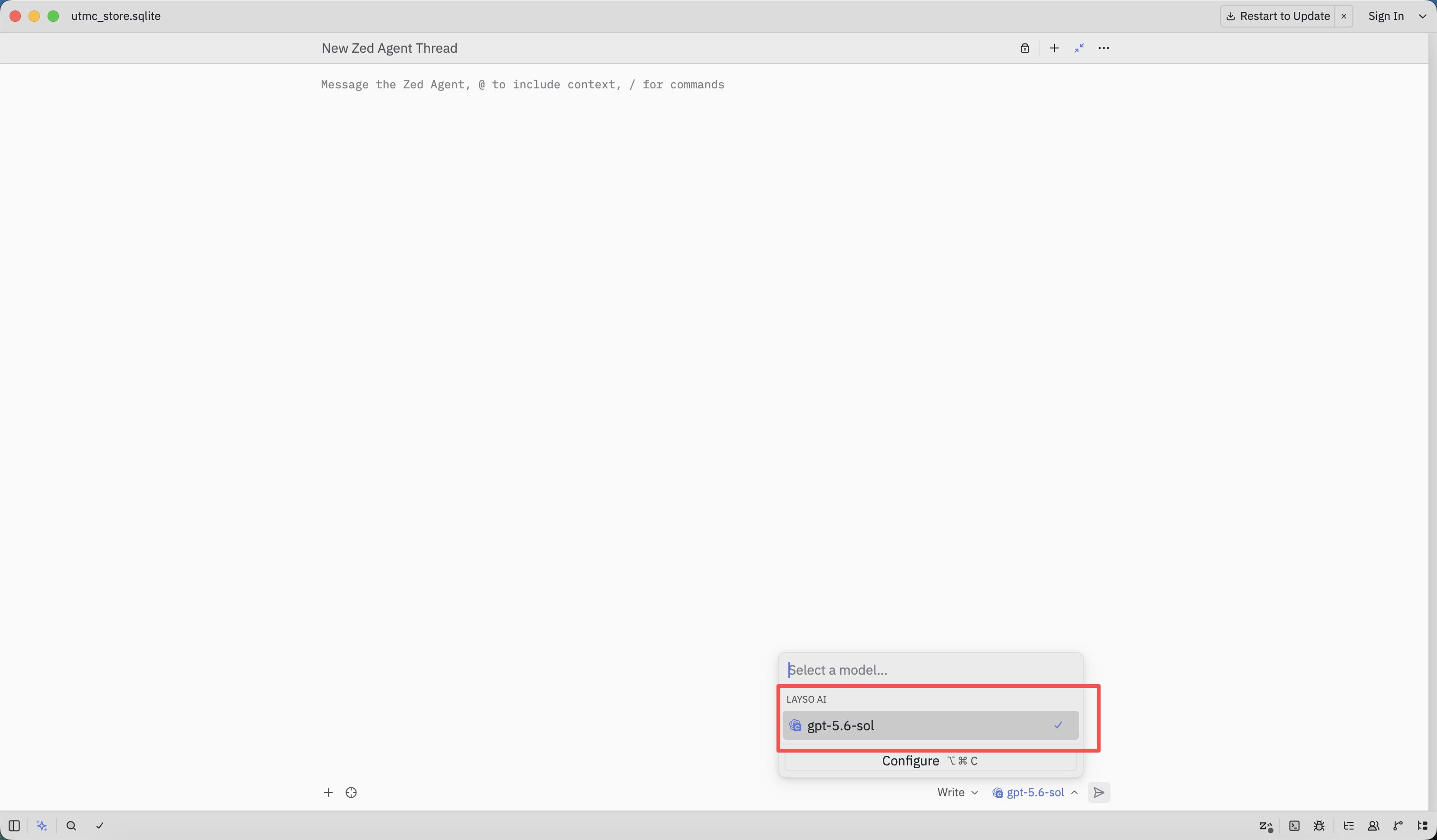 Select a LAYSO AI model from the Zed Agent model picker